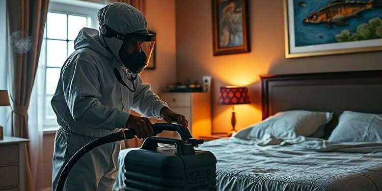 Fumigaciones con vapor - Experto a punto de aplicar un fumigación por vapor en un dormitorio